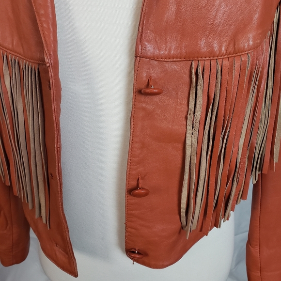 Vintage Pioneer Wear Retro Orange Leather Fringe Western Jacket - Picture 5 of 8